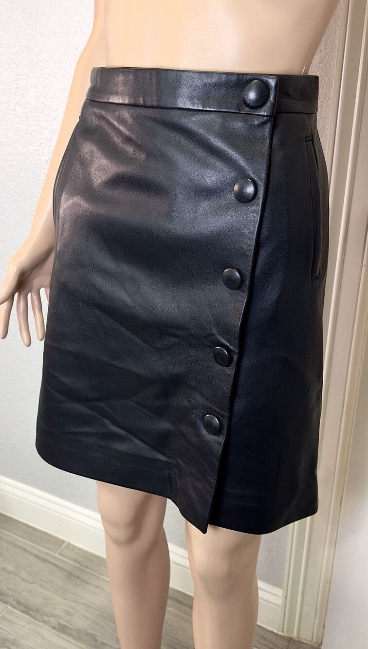 L.K. Bennett Diane Women’s US 2 Black Leather Wrap A-Line Skirt Snap Buttons